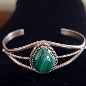 Vintage ‘50s “PY Pat Yazzie” Navajo Silver Malachite Cuff Bracelet